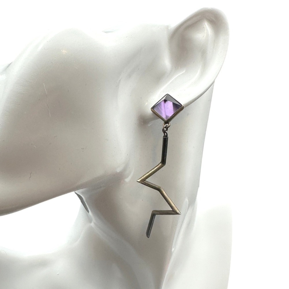 Vintage Modernist Geometric Zigzag Drop Earrings Purple Pyramid Glass Sterling
